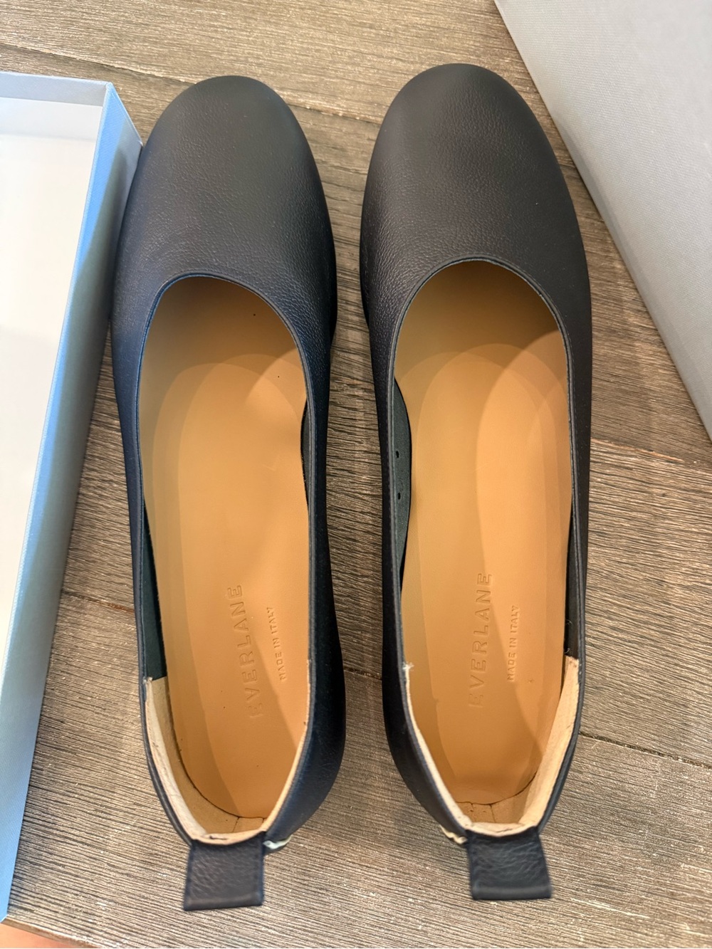Everlane Black Leather Ballet Flats with Tan Insole